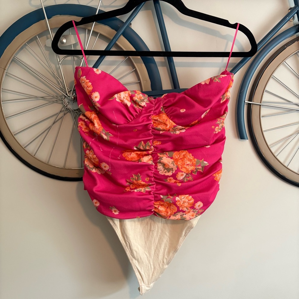 Wayf Fuchsia Floral ruched strapless  Bodysuit